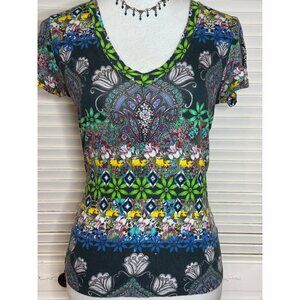 Desigual Womens V-Neck Artsy‎ Mandala Floral Rhinestone XS Garden Fairy T-Shirt